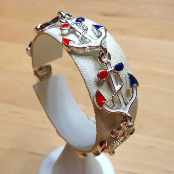 RHODIUM NAUTICAL ANCHORS RED WHITE BLUE ENAMEL SEA LIFE MAGNETIC CLASP BRACLET - Picture 1 of 7